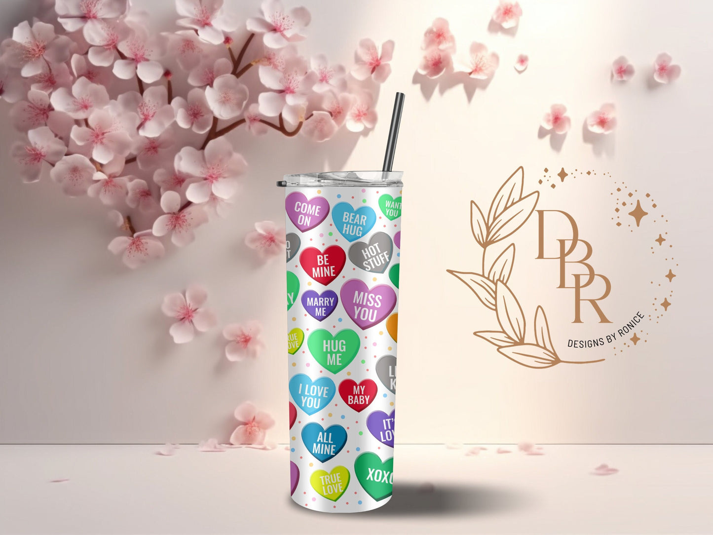Valentine’s Day Tumbler, SweetHearts, 20 oz Tumbler With Straw, Insulated Tumbler, Stainless Steel mug, Valentine’s day Gift, Candy Hearts
