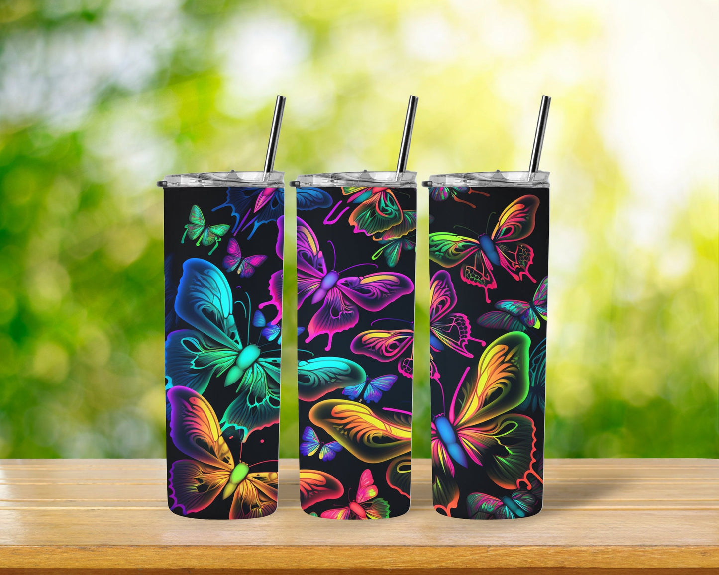 Colorful Butterfly Tumbler, Custom tumbler, Sublimation Tumbler, 20 oz Skinny tumbler, Magical Butterfly tumbler, Tumbler with straw and lid