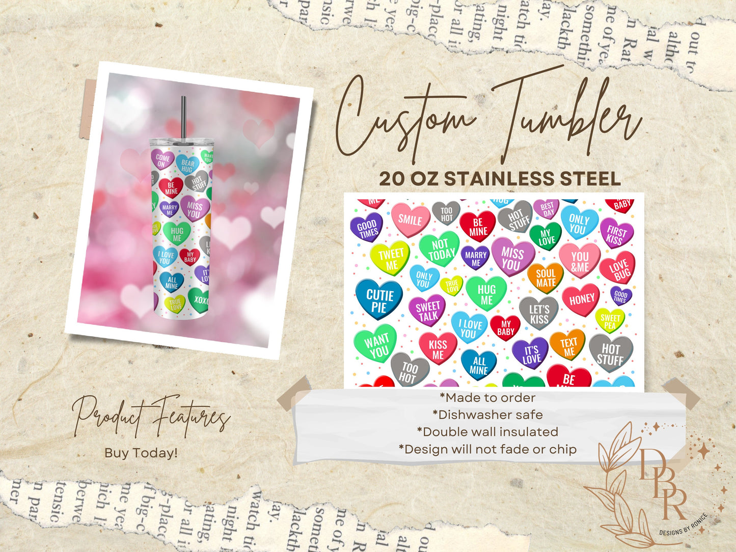 Valentine’s Day Tumbler, SweetHearts, 20 oz Tumbler With Straw, Insulated Tumbler, Stainless Steel mug, Valentine’s day Gift, Candy Hearts