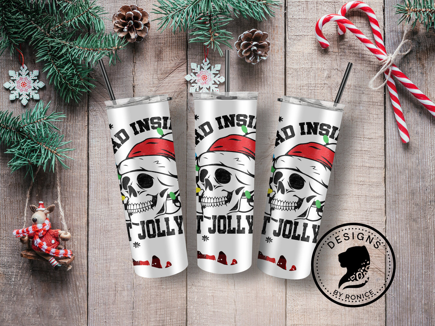 Dead Inside But Jolly AF Tumbler, Christmas Tumbler, Jolly AF Tumbler, Christmas Gift, Skull Tumbler, 20 oz Skinny Tumbler