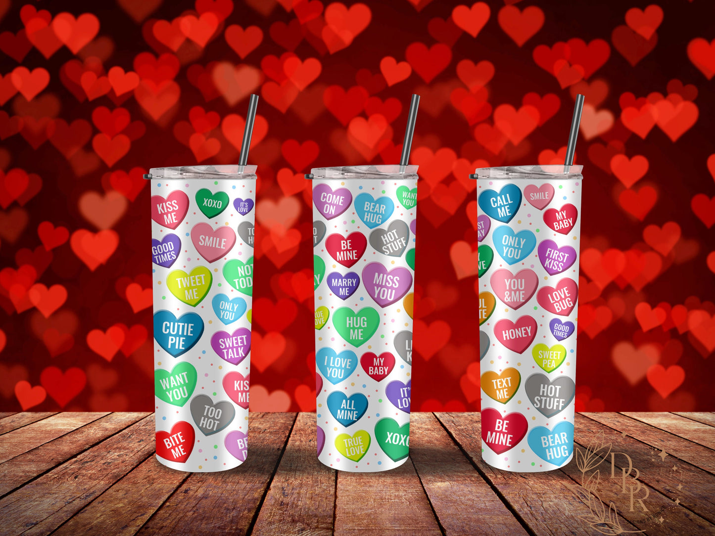 Valentine’s Day Tumbler, SweetHearts, 20 oz Tumbler With Straw, Insulated Tumbler, Stainless Steel mug, Valentine’s day Gift, Candy Hearts