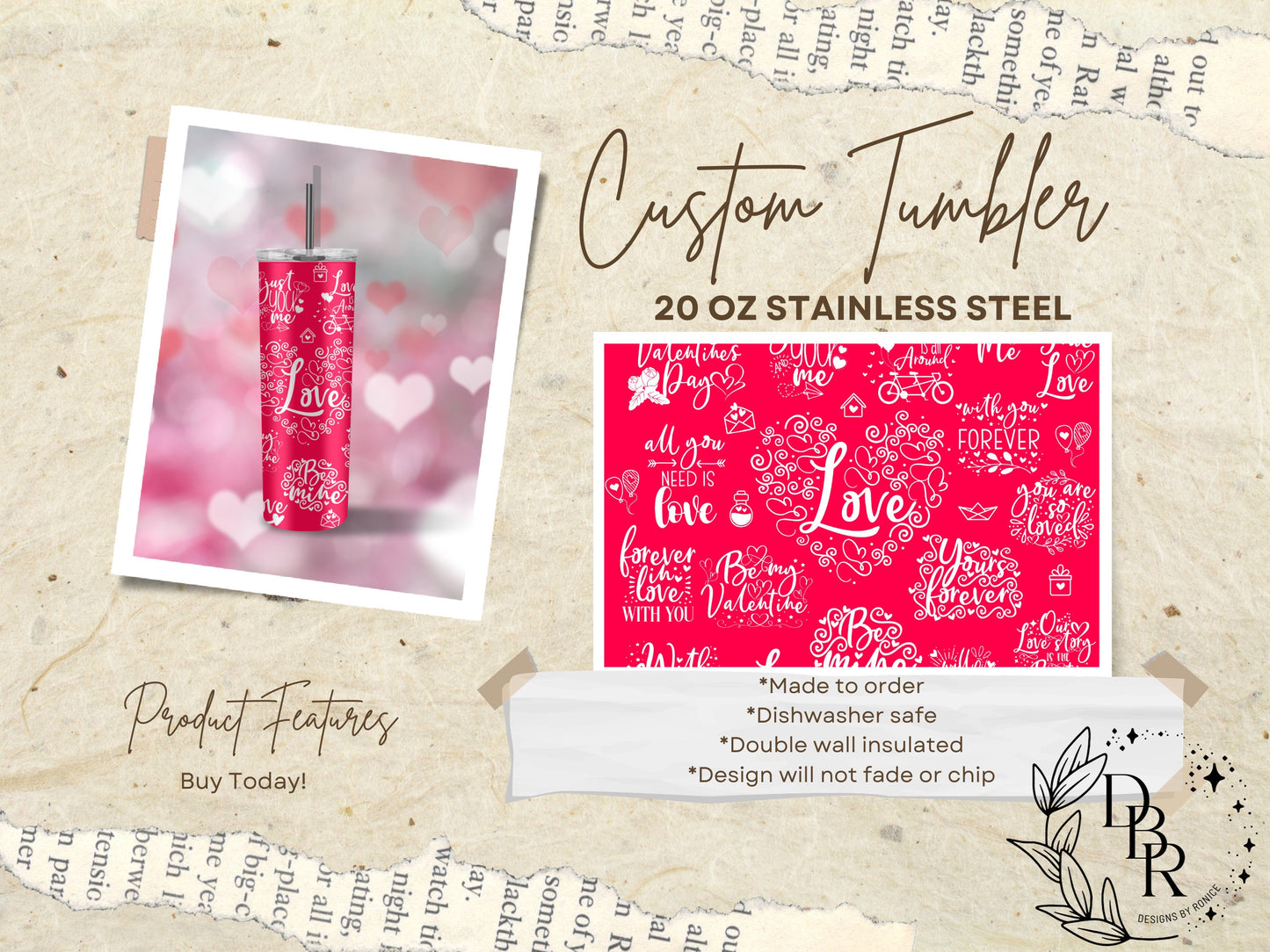 Valentine’s day Love Tumbler, Valentine’s 20 oz Tumbler, Gift for Valentine, Gift for her, Love tumbler, Love Hearts cup