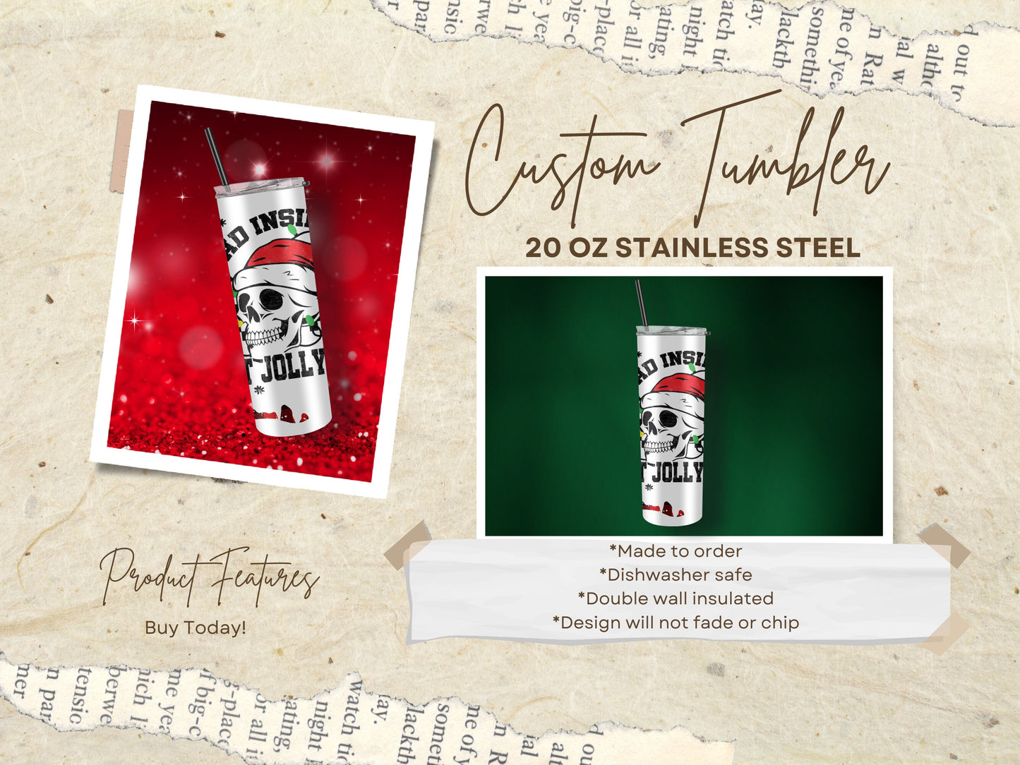 Dead Inside But Jolly AF Tumbler, Christmas Tumbler, Jolly AF Tumbler, Christmas Gift, Skull Tumbler, 20 oz Skinny Tumbler