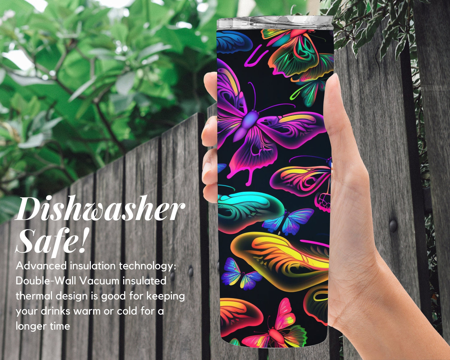 Colorful Butterfly Tumbler, Custom tumbler, Sublimation Tumbler, 20 oz Skinny tumbler, Magical Butterfly tumbler, Tumbler with straw and lid