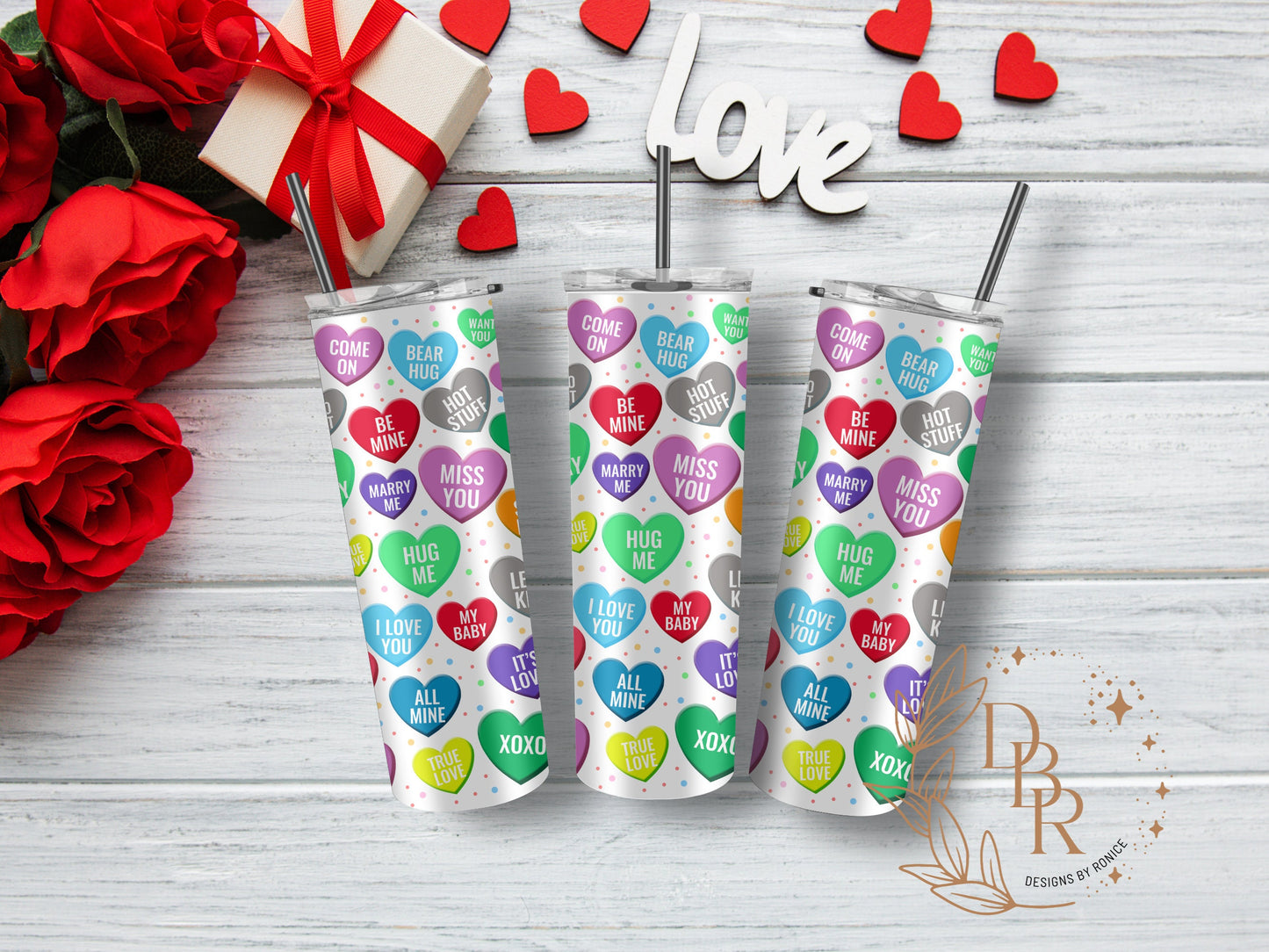 Valentine’s Day Tumbler, SweetHearts, 20 oz Tumbler With Straw, Insulated Tumbler, Stainless Steel mug, Valentine’s day Gift, Candy Hearts