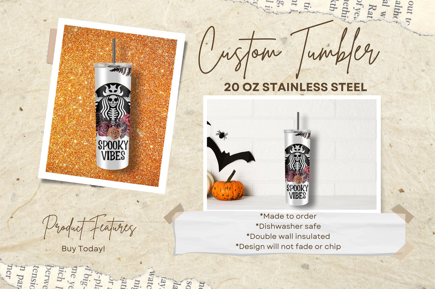 Spooky vibes tumbler, Halloween tumbler, Halloween cup, Skeleton Tumbler, Fall, Custom Tumblers, 20 oz Tumbler, Halloween gift